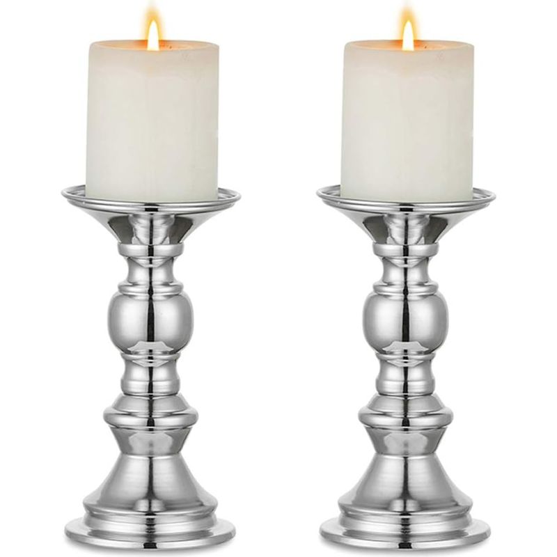 Silberne Stumpenkerzenhalter, Hochzeits-Mittelstücke, Metall-Kerzenhalter für 50-mm-Kerzen, Standdekoration, ideal für Hochzeiten, besondere Anlässe, Partys, Wohnzimmer, 2 Stück