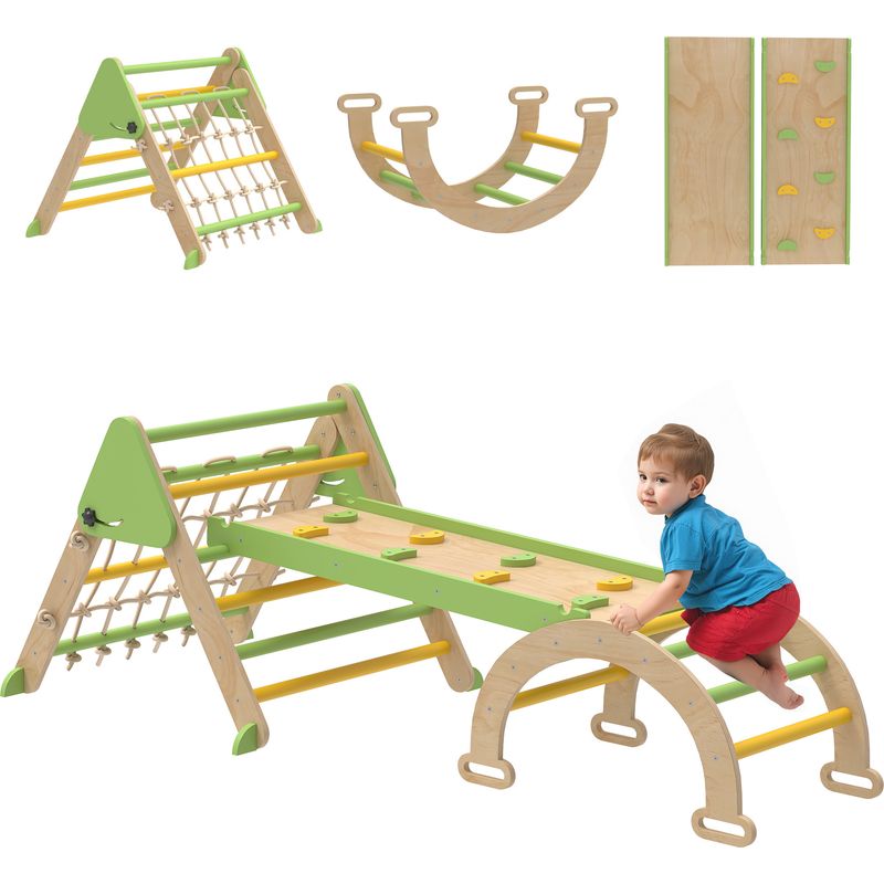 AIYAPLAY Triangle d'escalade Enfant 9 en 1 en Bois 18-48 Mois Multicolore | Rampe Réversible, Toboggan, Bascule, Structure d'Escalade, Charge Max. 50 kg
