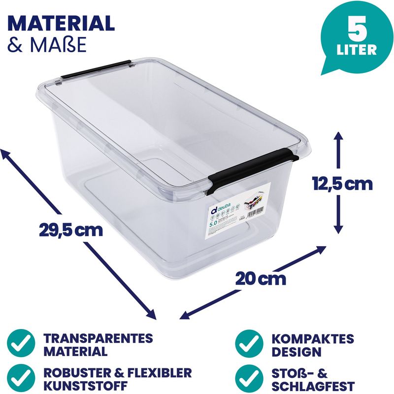 DEUBA® Aufbewahrungsbox mit Deckel verschiedene Größen Box Kunststoff Kisten lebensmittelecht BPA frei klein Klickverschluss transparent stapelbar Küche Schlafzimmer 4x 5L