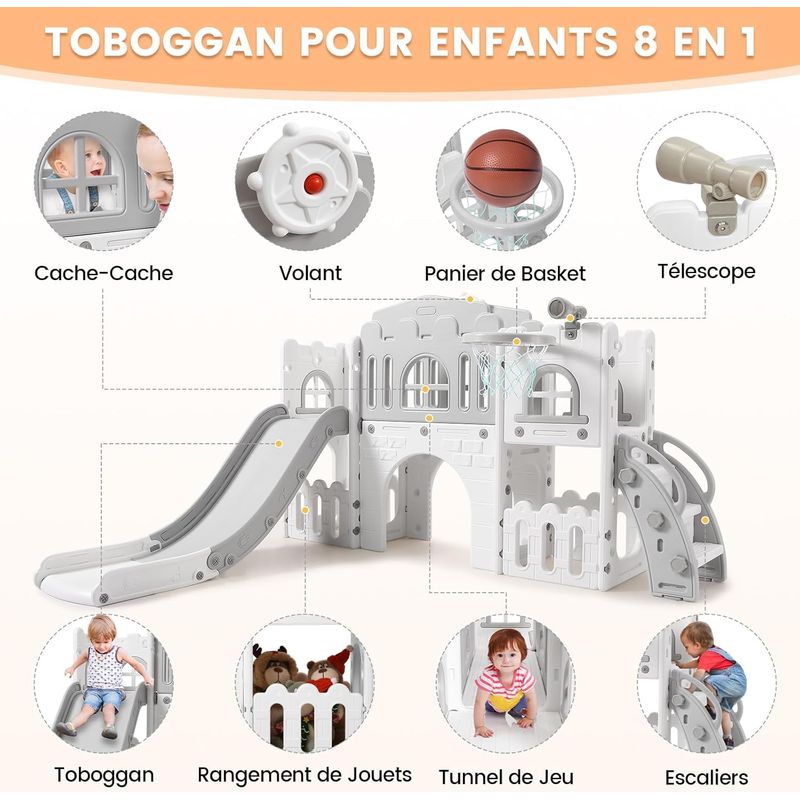 Toboggan 8 En 1 Pour Enfant – Intérieur Avec Basket, Cache-cache, Tunnel, Télescope Et Escalade, Design Moderne