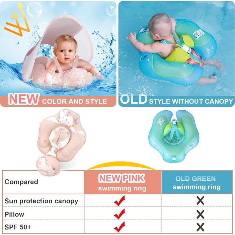 ANSTEN – Bouée Bébé 3-72 Mois Avec Auvent UPF50+, Double Airbag, Bretelles Ajustables, Rose, 8-16 Kg, Pour Piscine/plage/bain