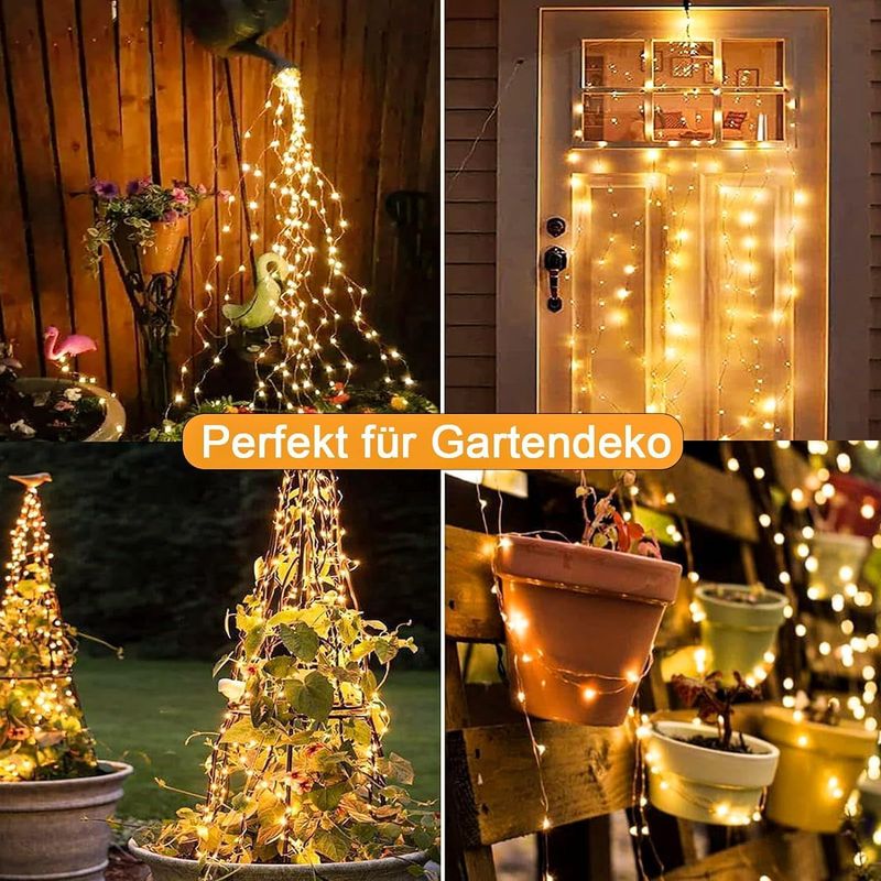 Led Lichterschweif 1M 100 LED Lichterbündel, 8 Modi Wasserdichte Wasserfall Lichterkette Batteriebetrieben mit Fernbedienung, Timer für Weihnachten Balkon Garten Gießkanne Innen Außen Deko