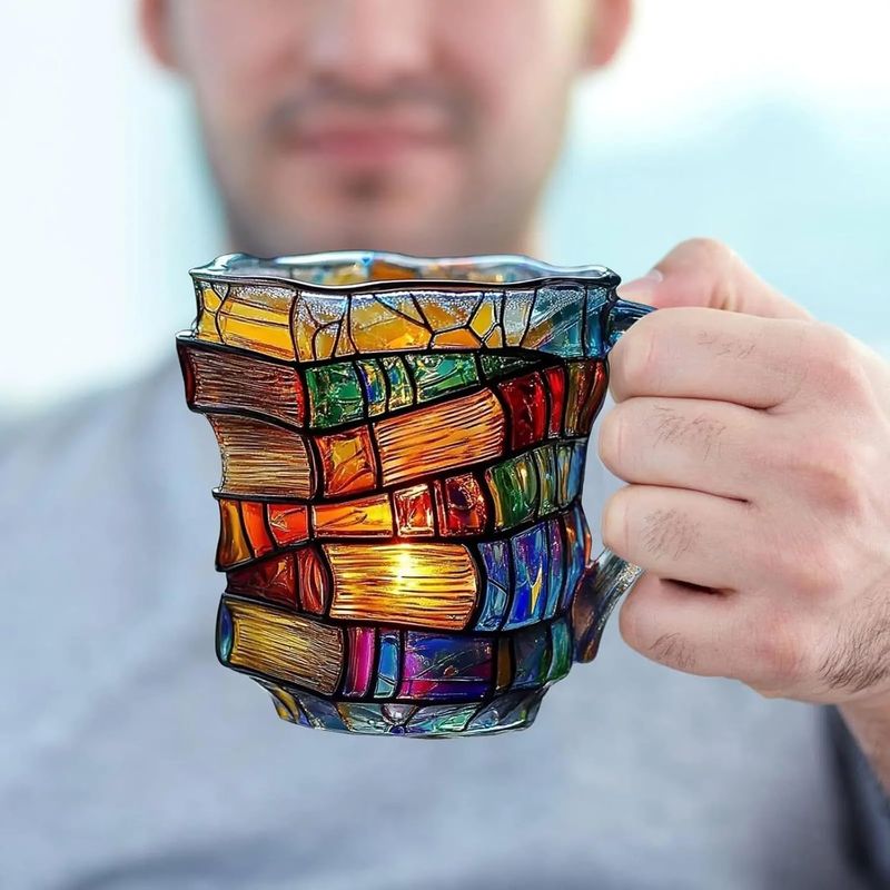 3D bemalte Glas-Buchtasse (kein Harz) für heiße und kalte Getränke – Kaffeetasse mit Bibliotheksmotiv, Geschenk für Buchliebhaber, Schriftsteller – bunt, hitzebeständig und bruchsicher (A)
