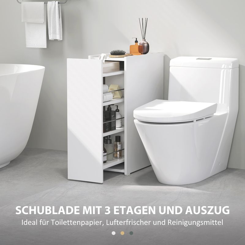 HOMCOM Nischenschrank Badezimmerschrank schmal, Toilettenschrank mit Rad, Schublade inkl. 4 tiefe Fächer, Beistellschrank Badschrank für kleine Räume, Wohnzimmer, Badezimmer, 47 x 25 x 66,5 cm Weiß