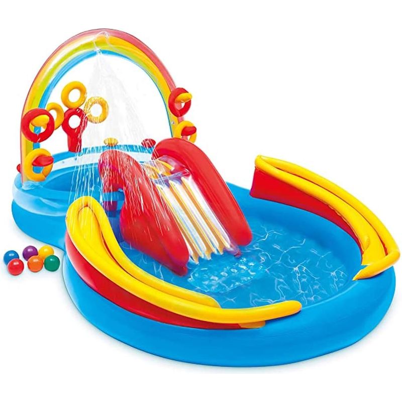 Piscine gonflable multifonction | Toboggans + Piscines + Ballon de basket | Avec soufflerie et pistolets à eau | Utilisation à sec ou en milieu humide | Leroy Merlin
