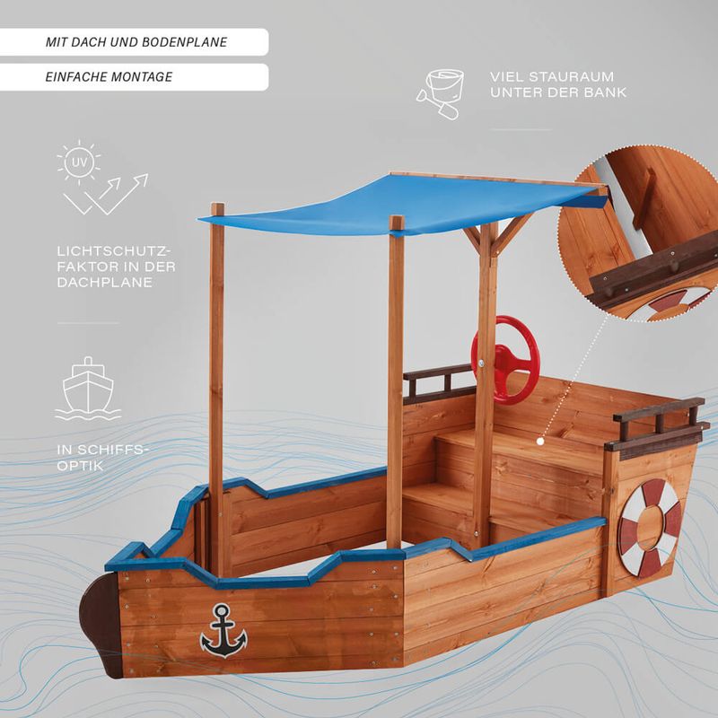 KIDIZ® Bac à Sable AHOI - Pirate - Bateau à Voile en Bois - avec Couvercle - Bâche de Sol, Banquette, mât de Drapeau - Grand- pour Le Jardin - Boîte à