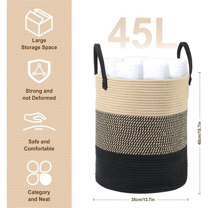 Otauoaea 65L Paniere Linge, Paniere a Linge en Corde de Coton,Panier de Rangement Sale Osier,Panier Rangement Bebe pour Jouets avec poignées, Corbeille a Linge(Jute et Blanc
