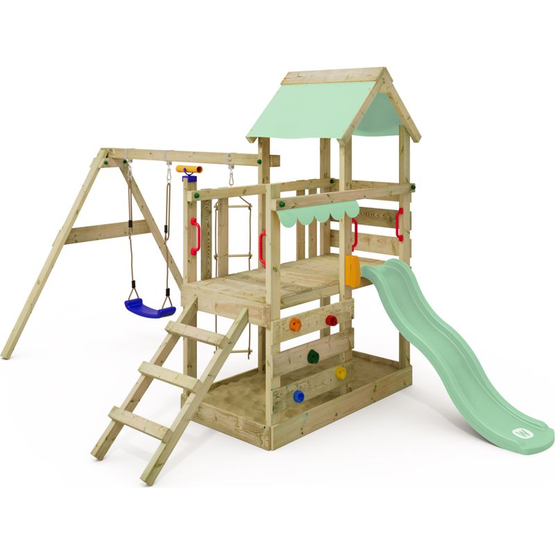 Castillo Infantil Wickey DragonFlyer Con Tobogán Y Columpio | Torre De Escalada De Madera Con Arenero | Altura De Plataforma 120 Cm | Garantía De 10 Años | Ideal Para Jardín