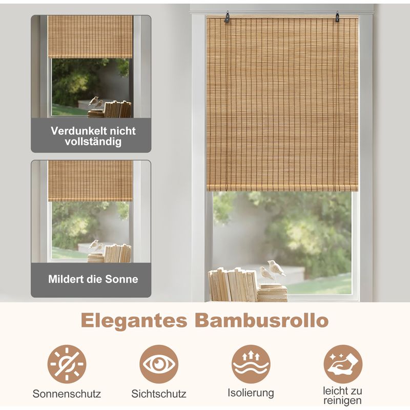 WOLTU Bambusrollo Fenster Sichtschutz Rollos Bambus Jalousie Raffrollo Sonnenschutz Seitenzugrollo Lichtfilter Belüftung Rollo für Fenster Tür Terrasse Balkon Garten, 120x160 cm, Braun