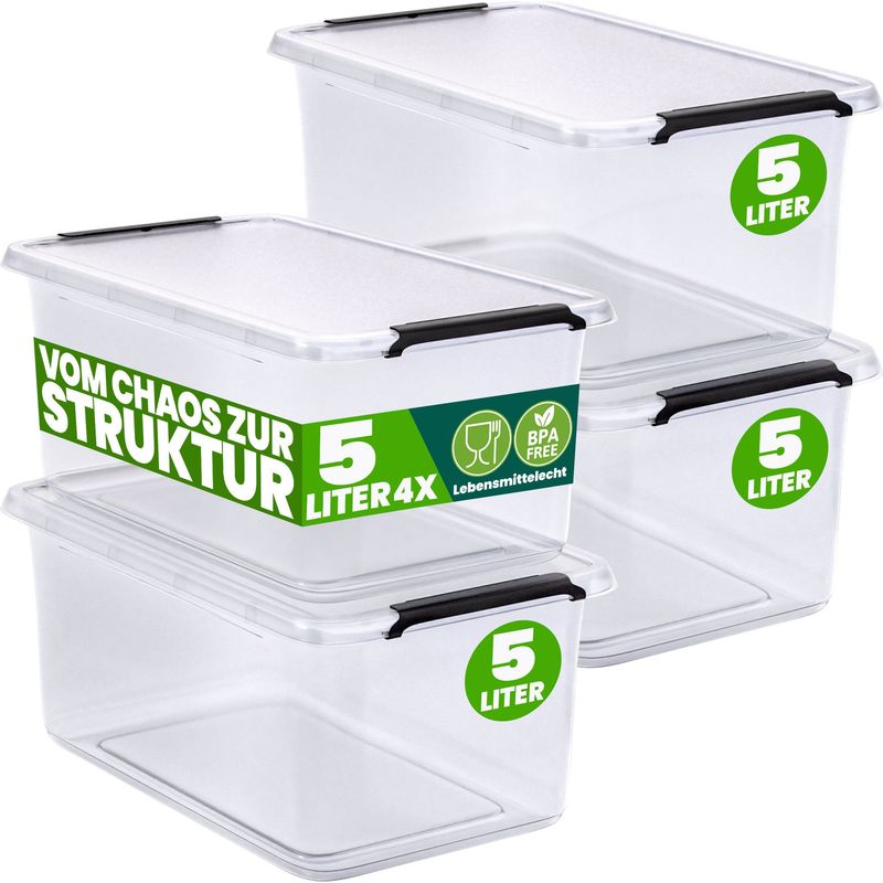 DEUBA® Aufbewahrungsbox mit Deckel verschiedene Größen Box Kunststoff Kisten lebensmittelecht BPA frei klein Klickverschluss transparent stapelbar Küche Schlafzimmer 4x 5L