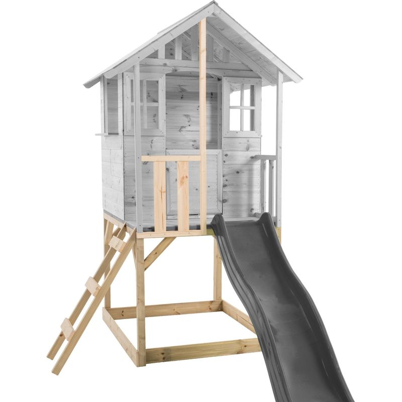 Cabane Sur Pilotis M60PGN – Bois FSC – Toboggan 175 Cm – Double Balançoire – Bac à Sable – Dès 3 Ans