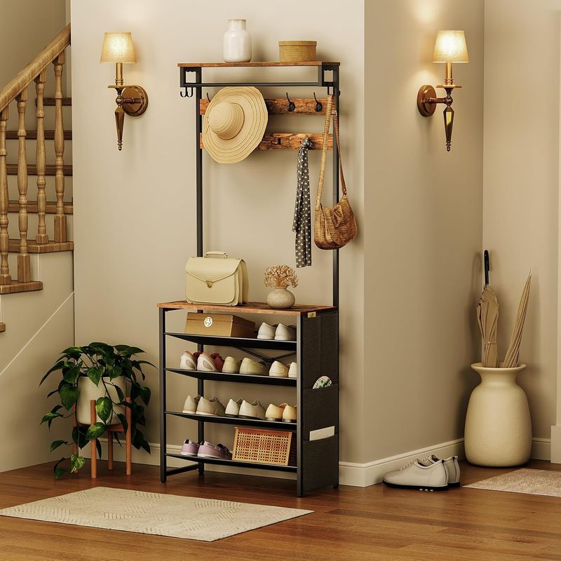 Garderobenständer mit Schuhablage, Schuhregal mit Garderobe, Kleiderständer mit 5 Ebenen Schuhablage, Garderobe mit Schuhschrank, Verstellbares Metallgitterregal, HOOBRO EBF75MT01