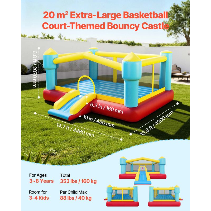Château gonflable , 4,5 x 4,2 x 2,1 m, structure gonflable pour enfants avec toboggan, panier de basket, jeu de cible et zone de saut, peut accueillir 3 à 4 enfants (de 3 à 8 ans). | CA