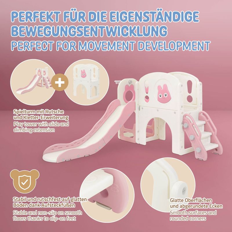 Joyz – Toboggan Et Structure D’escalade 5 En 1 – Avec Panier Basket, Télescope, Tunnel Et Rangement – Intérieur/extérieur – Dès 3 Ans – HDPE Rose