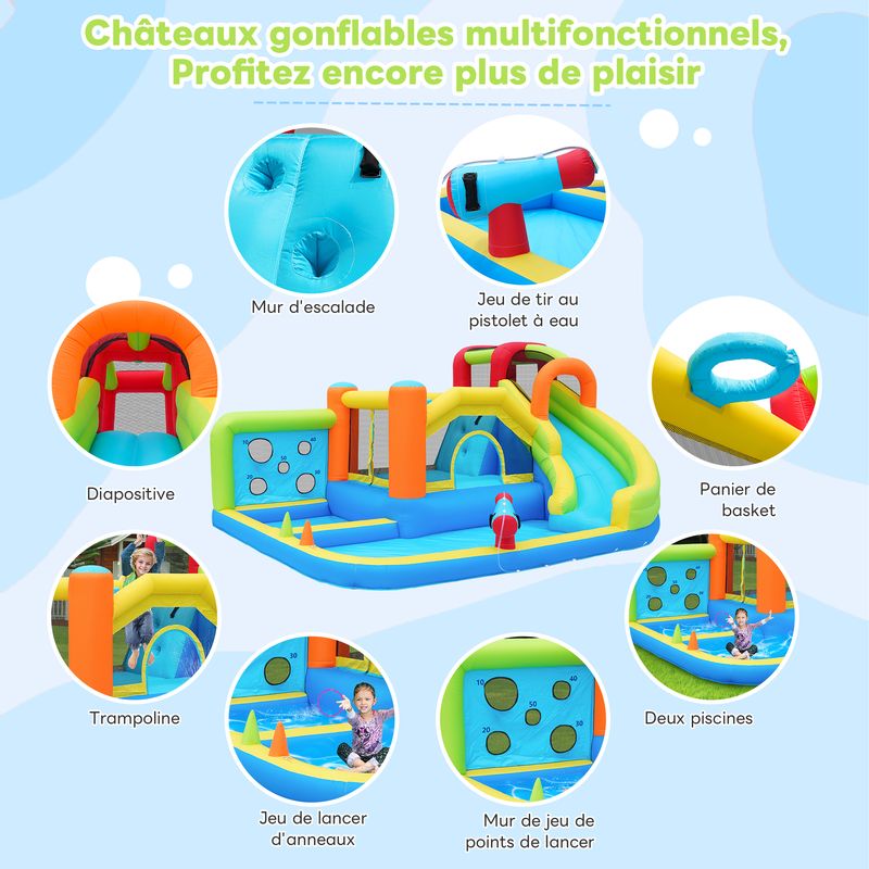 Château Gonflable 9 En 1 Avec Toboggan Aquatique, Bassin, Mur D'Escalade Et Panier De Basket – Pour Enfants 3-10 Ans