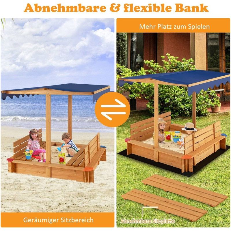 Bac à sable avec banc 120 x 120 cm, toit, bois naturel, bac à sable pour enfants, aire de jeux de qualité supérieure Bac à sable avec banc 120 x 120 cm, toit, bois naturel, bac à sable pour enfants, aire de jeux de qualité supérieure