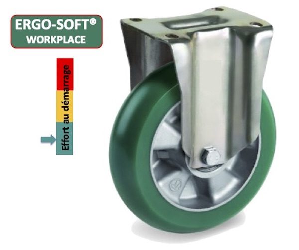 Roulette fixe diamètre 200 mm polyuréthane vert Ergo-soft, 700 kg, moyeu à roulements à billes