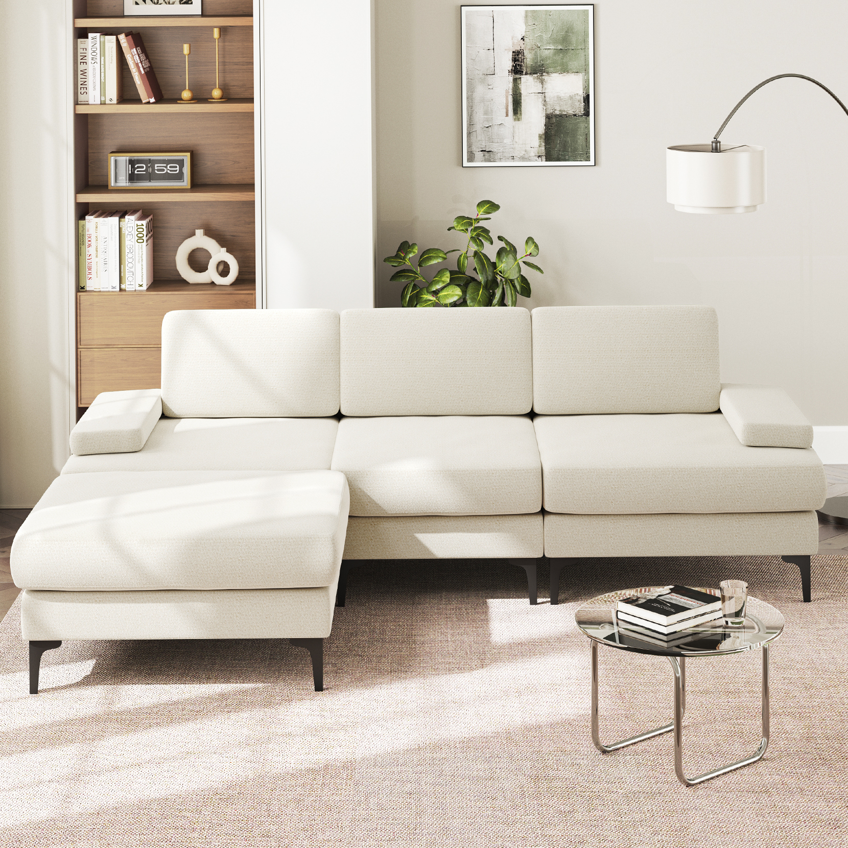 Neche – Canapé D'Angle 3 Places Avec Repose-pieds Modulable – Tissu