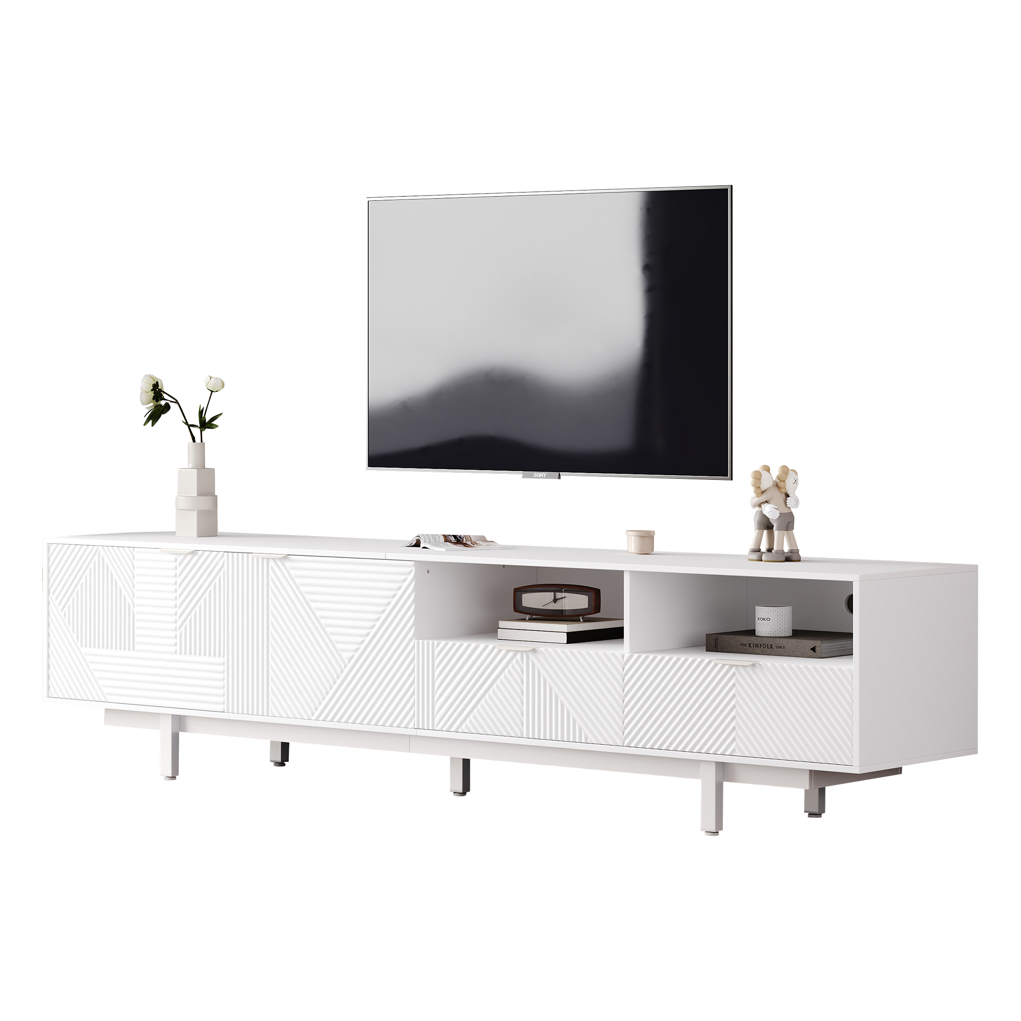 Stilvora Tv-schrank Mit 2 Türen Und Offenen Fächern, Kabeldurchlass, Für Wohnzimmer, Aus Spanplatte, 200×40×51 Cm, Weiß