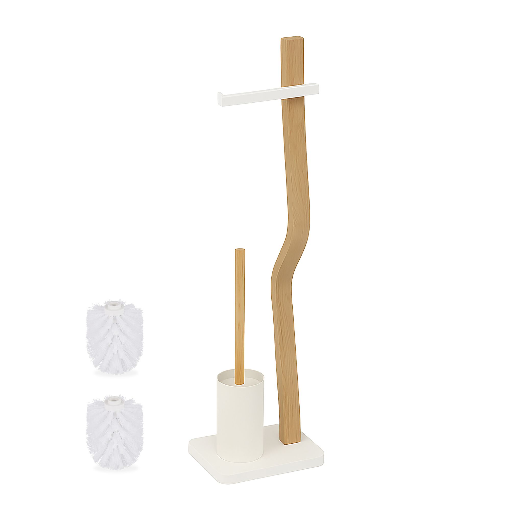 Relaxdays Toilet Set, Hxwxd, 78.5 X 23 X 18 Cm, Wood & Metal, Freestanding Toilet Paper Holder With Brush, White/natural