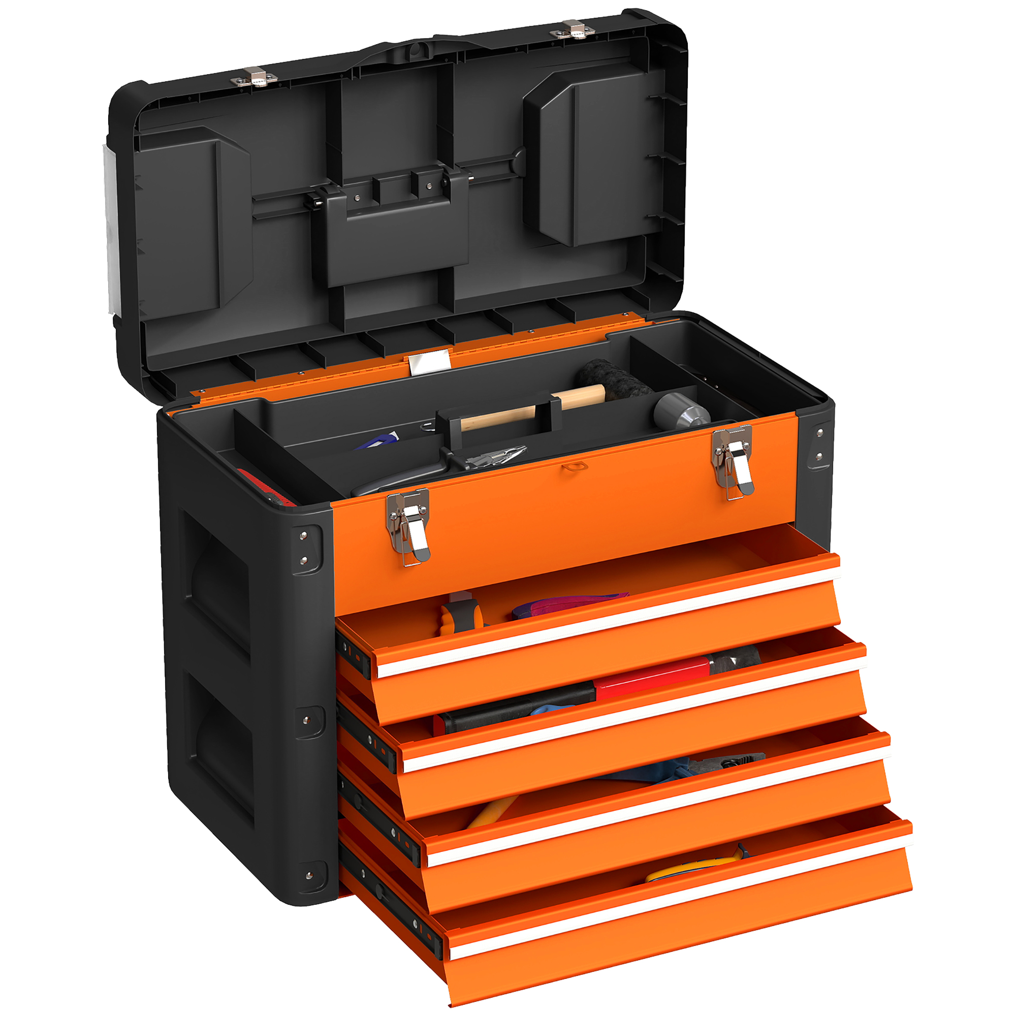 Caisse à outils 4 tiroirs en acier et plastique, plateau amovible, 2 boîtes, orange et noir