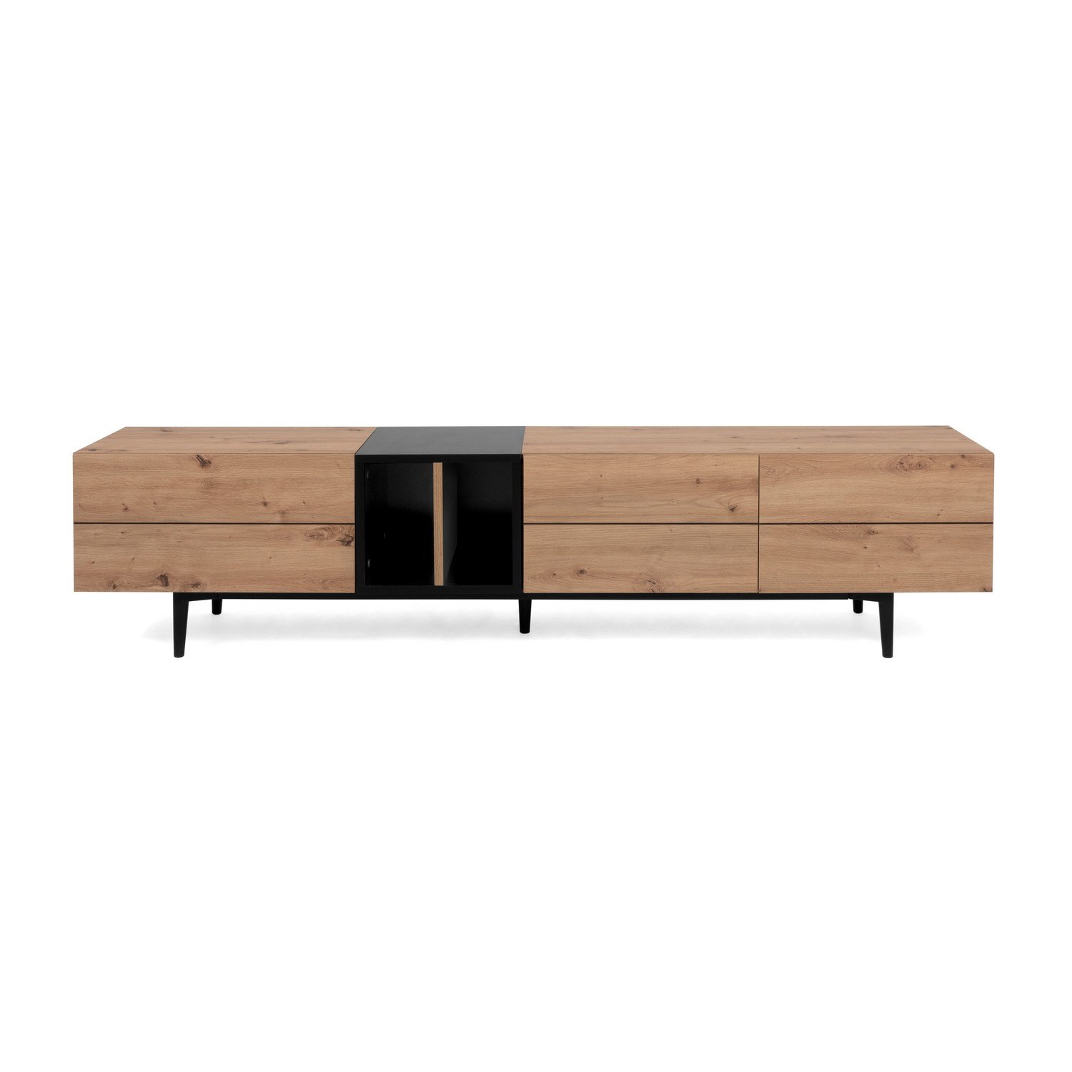 Meuble Tv 3 Abattants - Decor Chene Et Noir - L 195 X P 37 X H 48 Cm - Nola