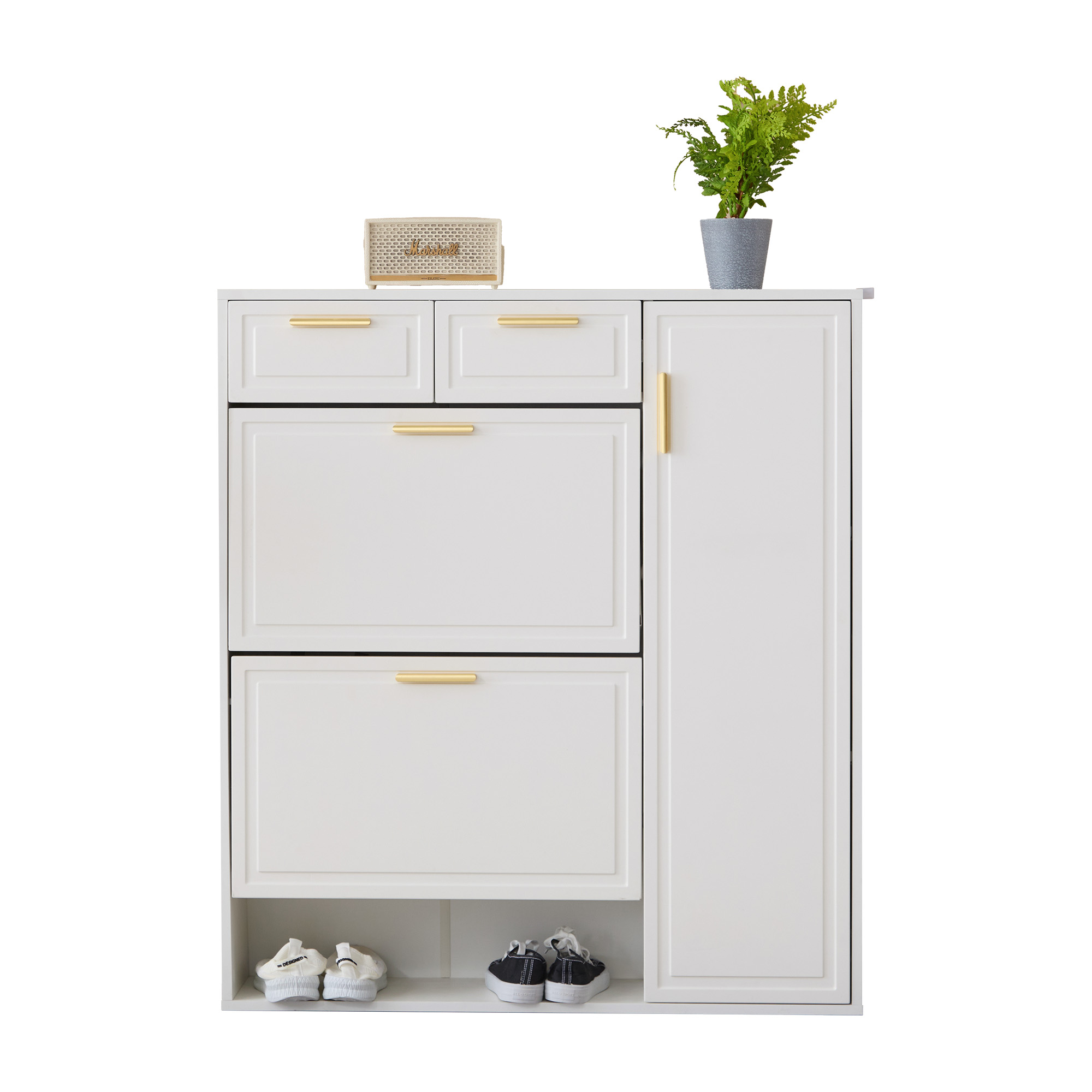 Stilvora Schuhschrank Mit 2 Schubladen, 2 Türen, Verstellbaren Einlegeböden Und Offenen Fächern, Aus Spanplatte, Weiß, 95×24×107.5 Cm