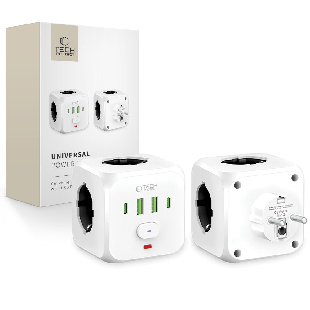 Oem Tech-Protect Pcl3x4 Steckdose, 2 Usb-Anschlüsse, 2 Typ-C-Anschlüsse, 3 Steckdosen, Weiß 5906302372096
