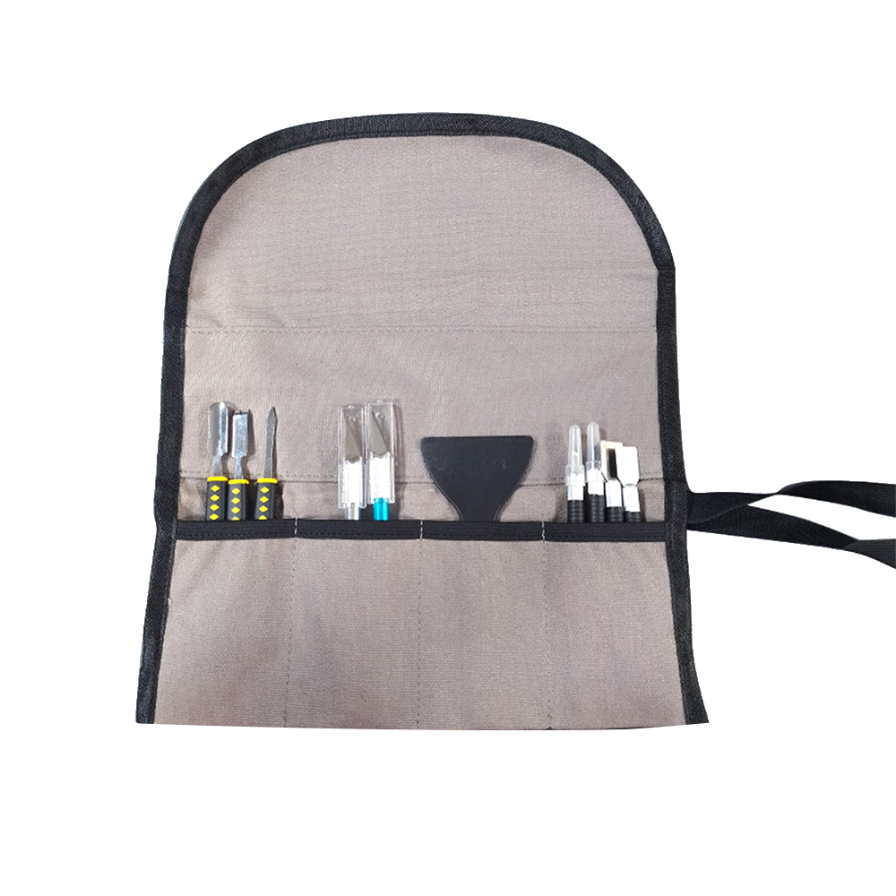 Sac à outils enroulable en toile, 4 poches, pliable, gris, pour sculpture et travail du bois