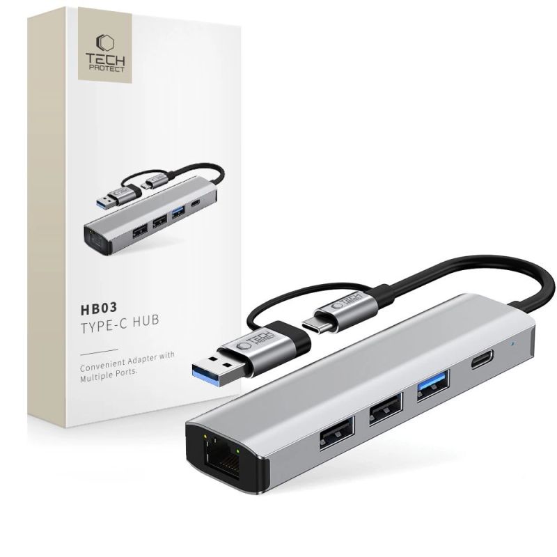Joom Tech-Protect Grau Hb03 Hub-Adapter 5In1 Typ-C + Usb2.0 + Usb3.0 + Rj45 Space - Bild 4