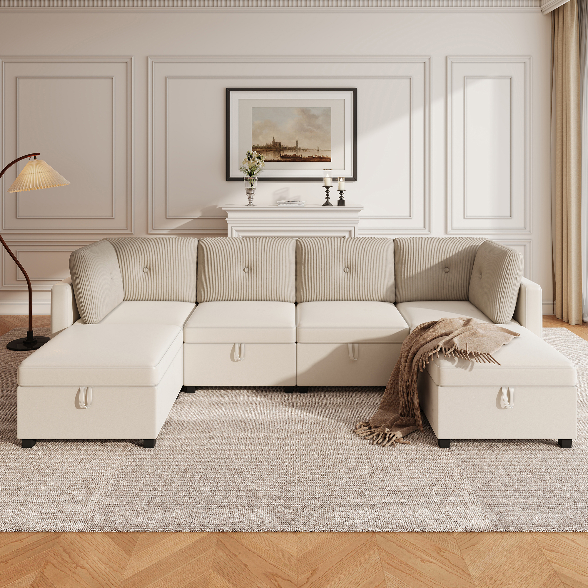 Canapé U Modulable 6 Modules 261x132,5x85 Cm, Avec Rangements, Convertible L/u/lit/fauteuil, Velours Et Tissu Côtelé, Beige