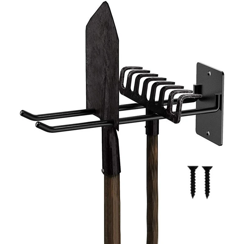 Support mural pour outils de jardin en fer robuste, noir, pour râteaux et pelles, 1 support et 2 vis