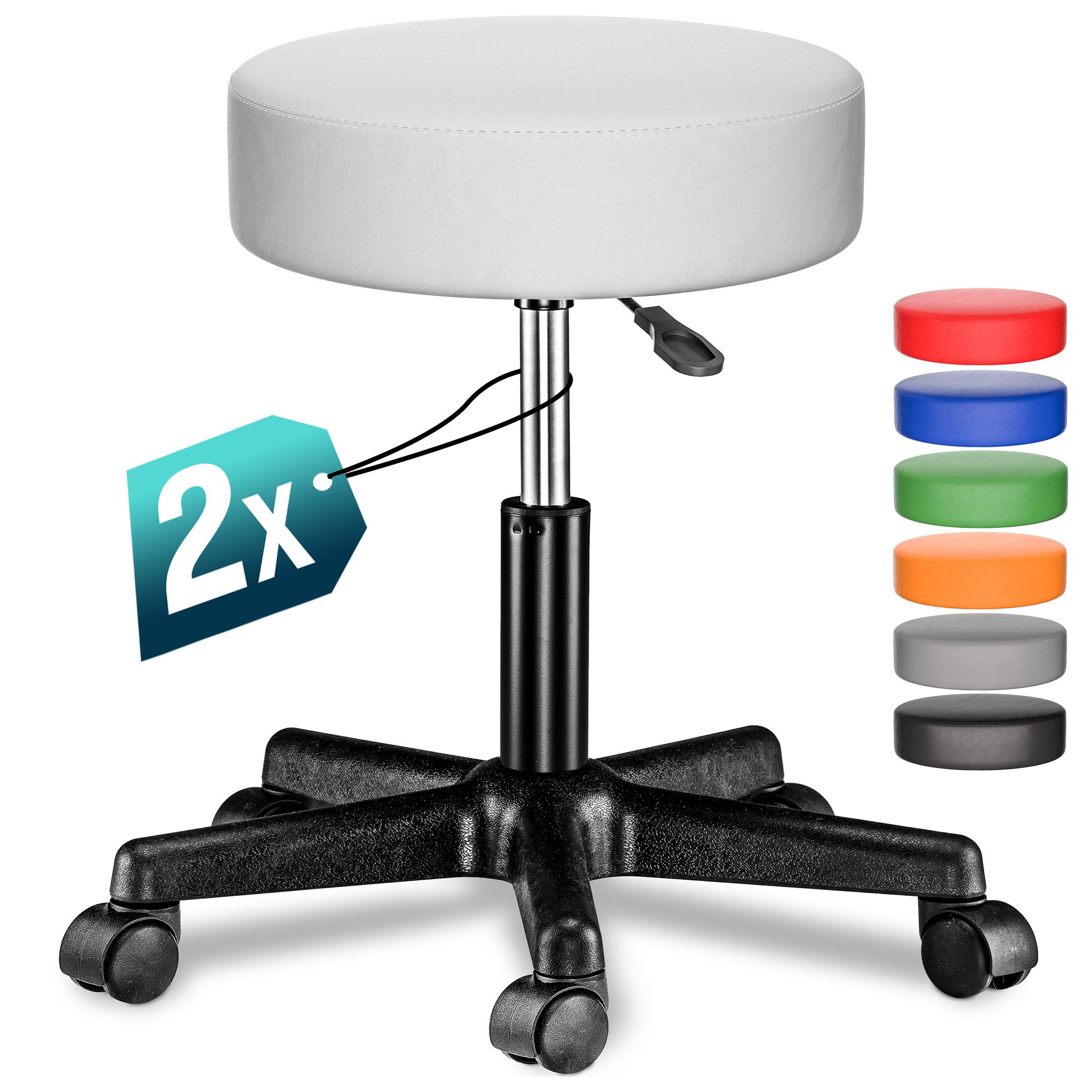 Rollhocker Höhenverstellbar 10cm Polsterung 46-60cm Sitzhöhe 360° Drehbar Ø35cm Rund Rollen Bürohocker Drehhocker Arbeitshocker Hocker 2er Set Weiß - Casaria