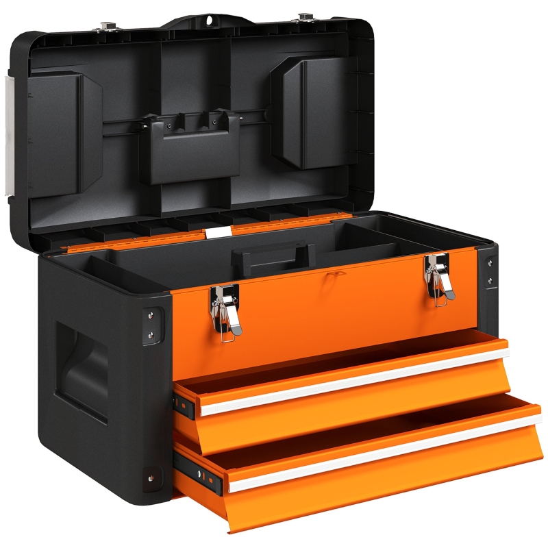 Boîte à outils vide en acier orange, 2 tiroirs et compartiment supérieur, 49,7 x 25,3 x 28,9 cm, charge 30 kg