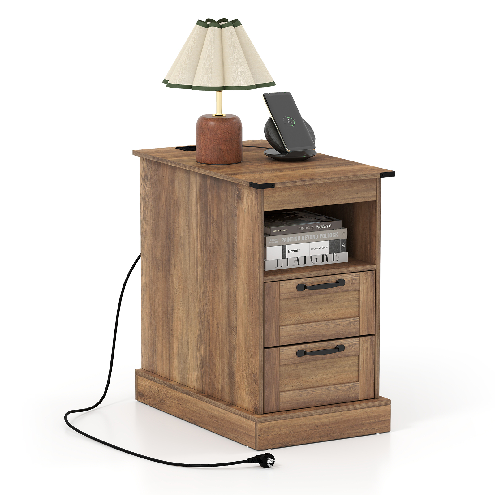 Table De Chevet Avec Prise, Table De Nuit Connectée Avec 2 Tiroirs Mdf