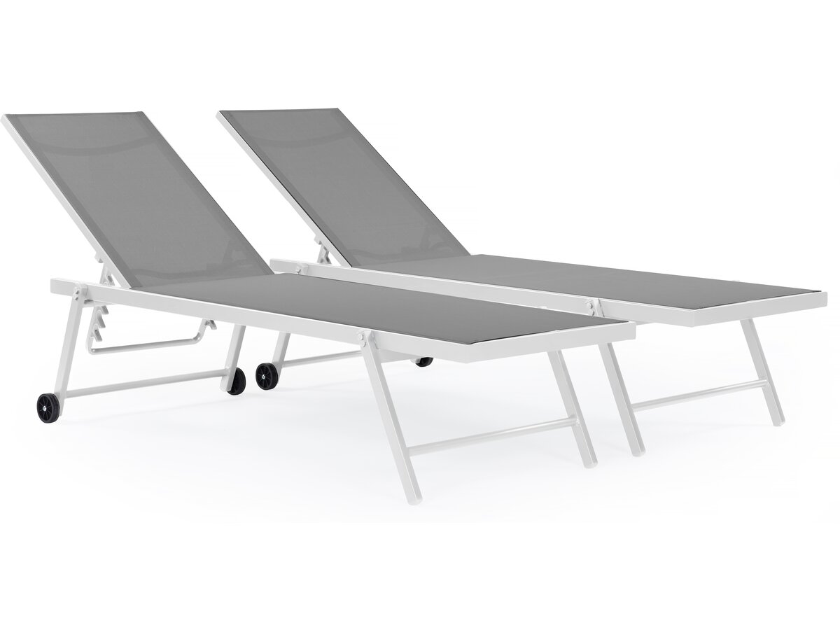Habitat Et Jardin – Lot De 2 Bains De Soleil Textilène Matelassé Aluminium Inclinables – Gris / Blanc – Dimensions 194 X 60 X 61 Cm – Anti-rouille – Pour Extérieur