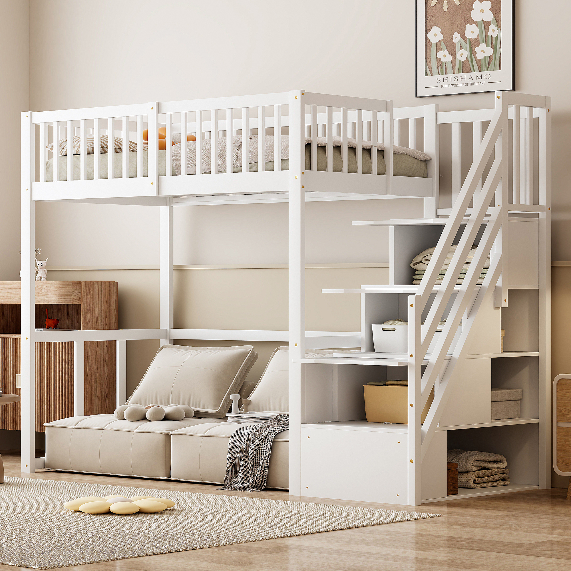 Modenvie Hochbett 90x200 Jugendbett Ohne Matratze Bettgestell Mit Sicherheitsleiter, holzbett Aus Massiver Kiefer, bettrahmen Für Kinder Und Jugend, weiß