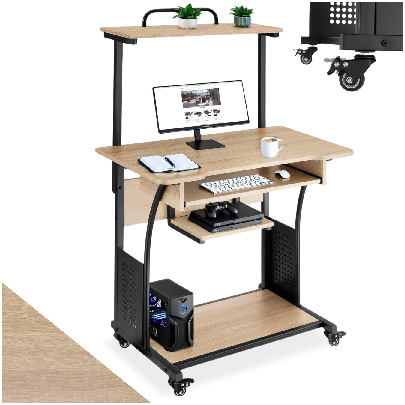 Bureau Style Industriel 3 Niveaux Tablette Et Tiroir Bois Clair