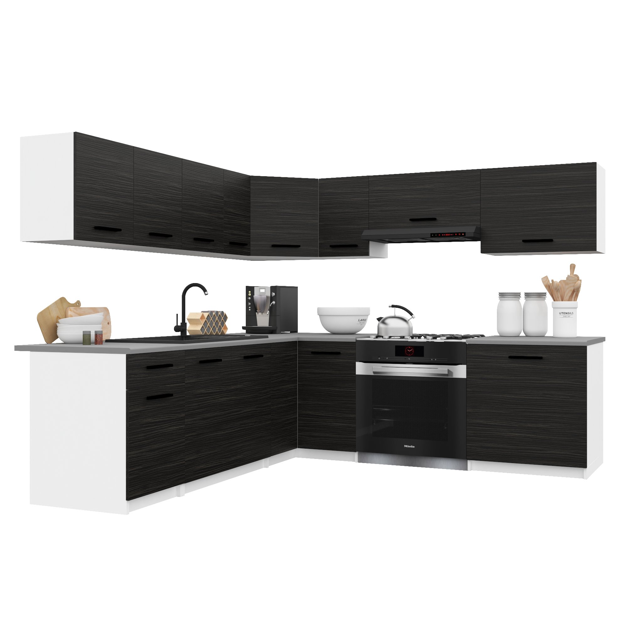 Belini Italia 7 Cuisine Equipée Modulaire Complète - 420 Cm. Meubles Hauts Bas Avec Plan De Travail, Ébène
