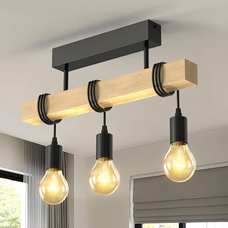 Lustre Suspension Vintage Industriel En Bois & Métal – 3 Lampes, Câble Ajustable, E27