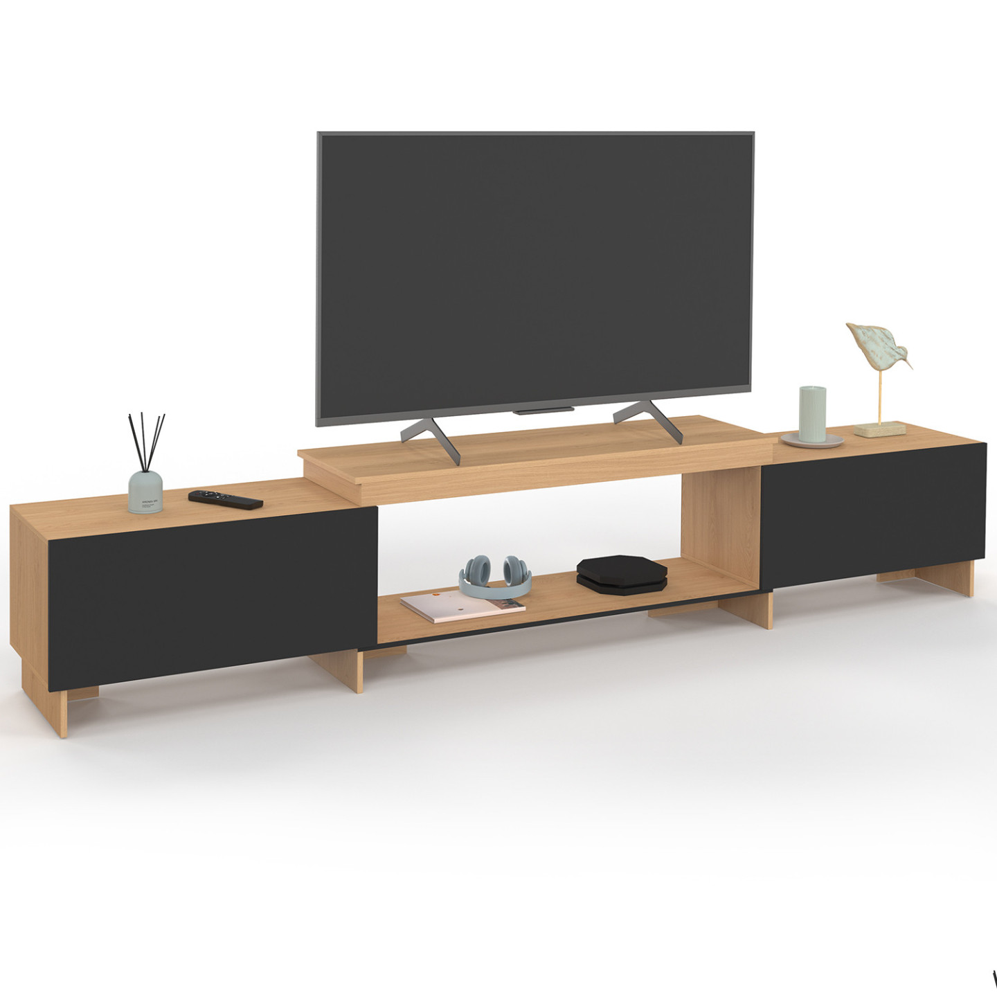 Meuble Tv Extensible 140-240 Cm Vlad 2 Portes Bois Et Noir