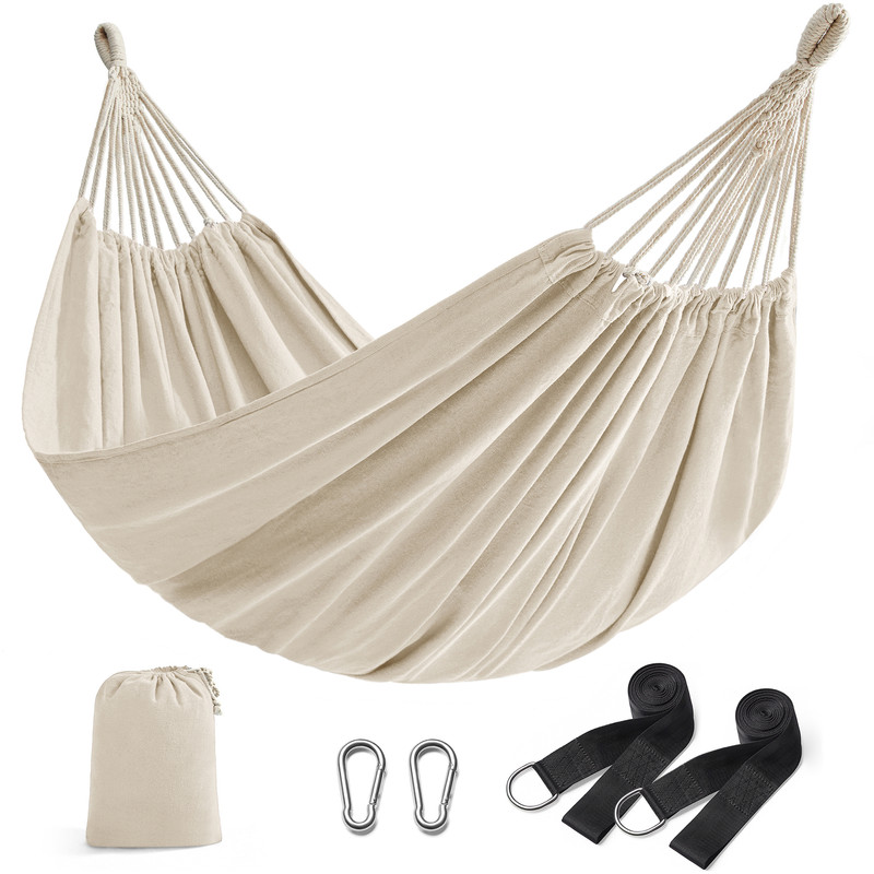 Songmics – Hamac Double 210 X 150 Cm – Capacité De Charge 300 Kg – Sangles De Fixation Et Mousquetons Inclus – Beige Pour Extérieur Et Camping