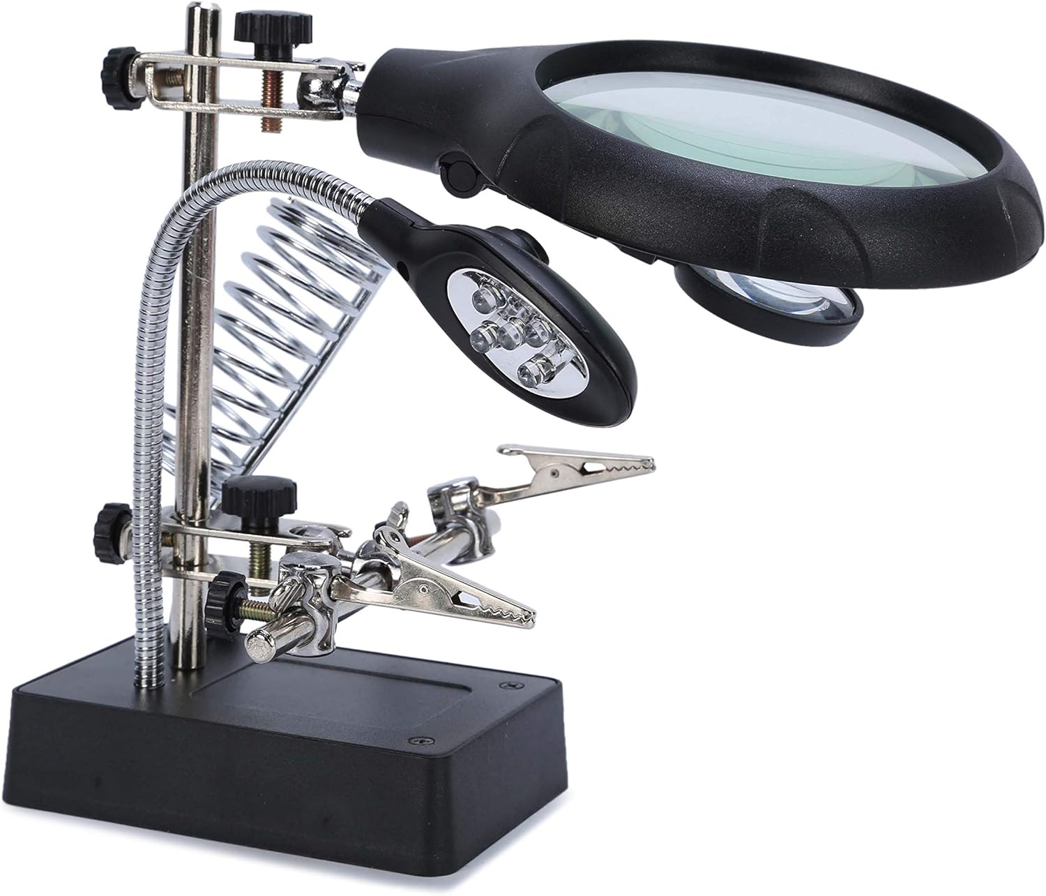 Loupe d'atelier sur support avec pinces crocodiles, 5 LED, 2,5x et 7,5x, JUSCH