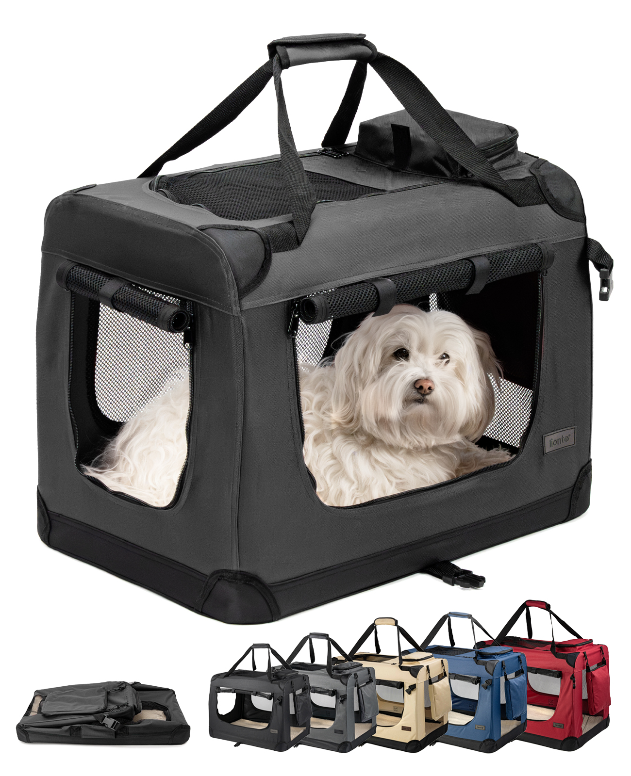 Lionto Hundetransportbox Faltbar, Stabile Stoffbox Mit Mesh-einsätzen, Ideal Für Auto, Reise & Tierarzt, 60x42x44 Cm, Schwarz