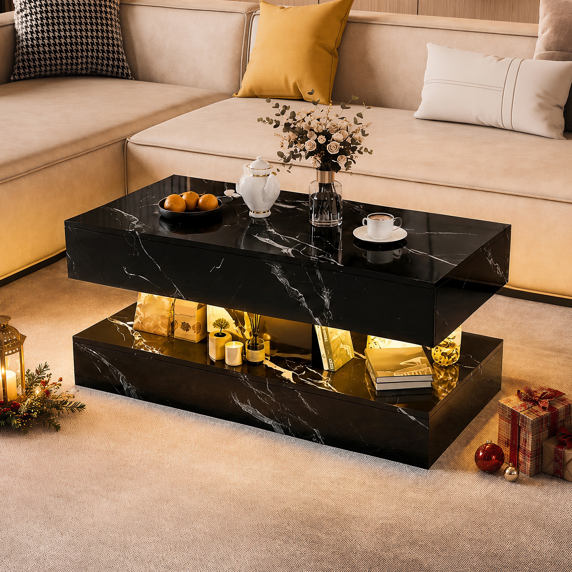 Table Basse Led 100x50x45 Cm Table De Salon Avec Tiroirs De Rangement