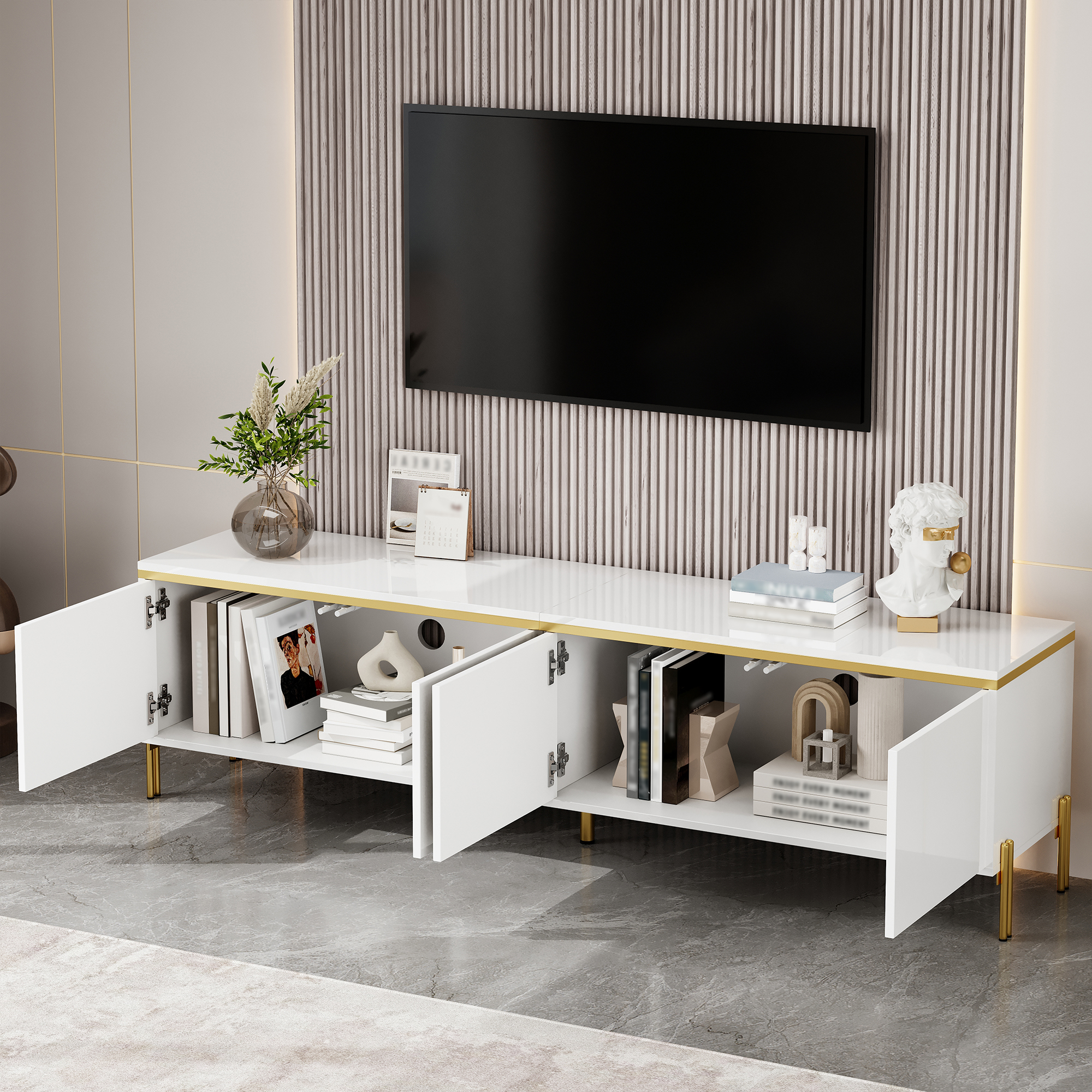 Stilvora Tv-schrank Mit 4 Türen Und Kabeldurchlass, Hochglanz Weiß Mit Golddetails, 170×38×50 Cm, Aus Spanplatte