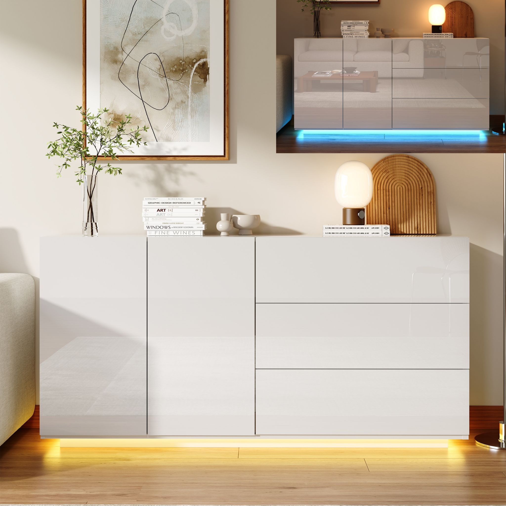 Buffet 160 Cm, Avec 2 Portes Et 3 Tiroirs