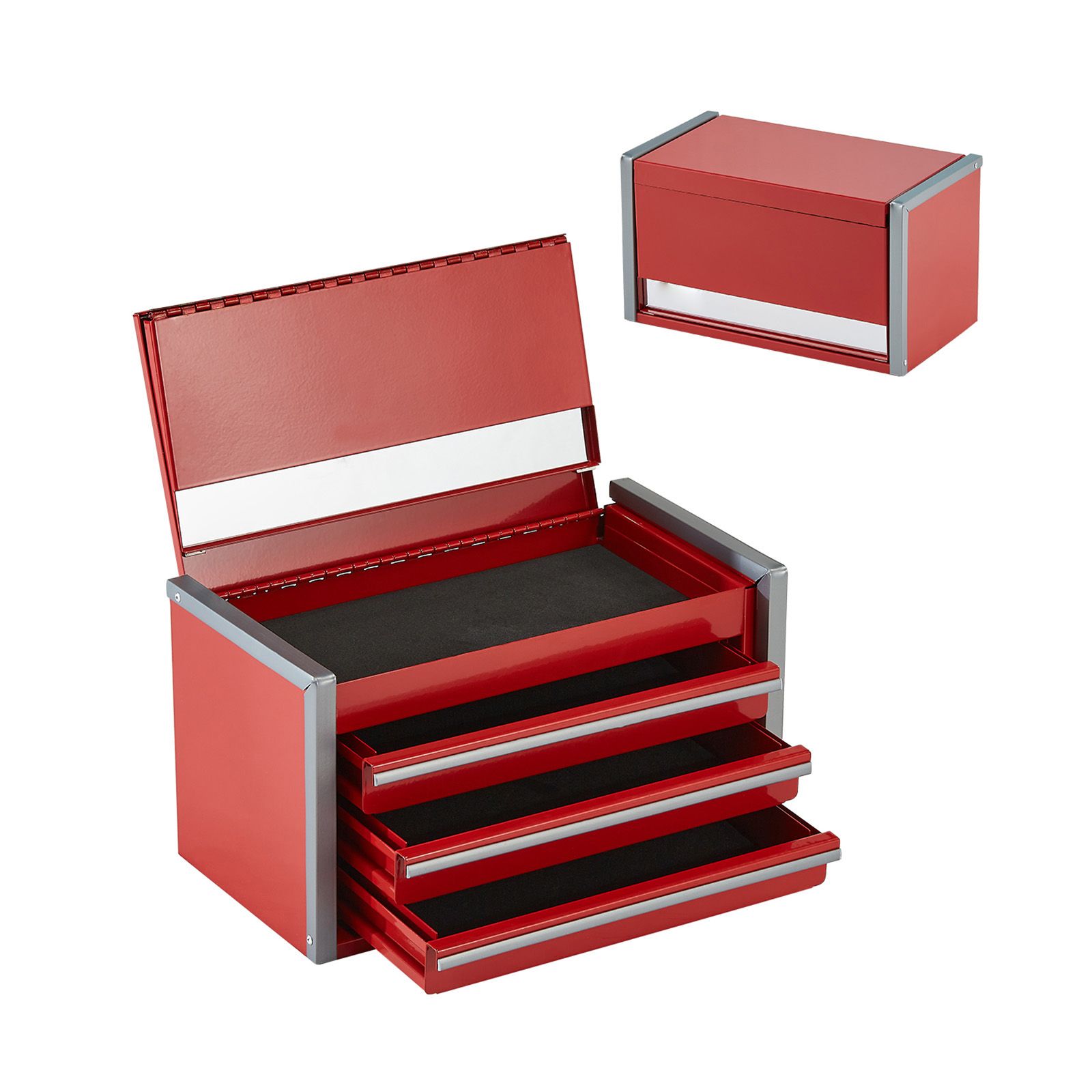 Coffret à outils métallique 3 tiroirs, acier robuste, doublure EVA, rouge, 22 cm