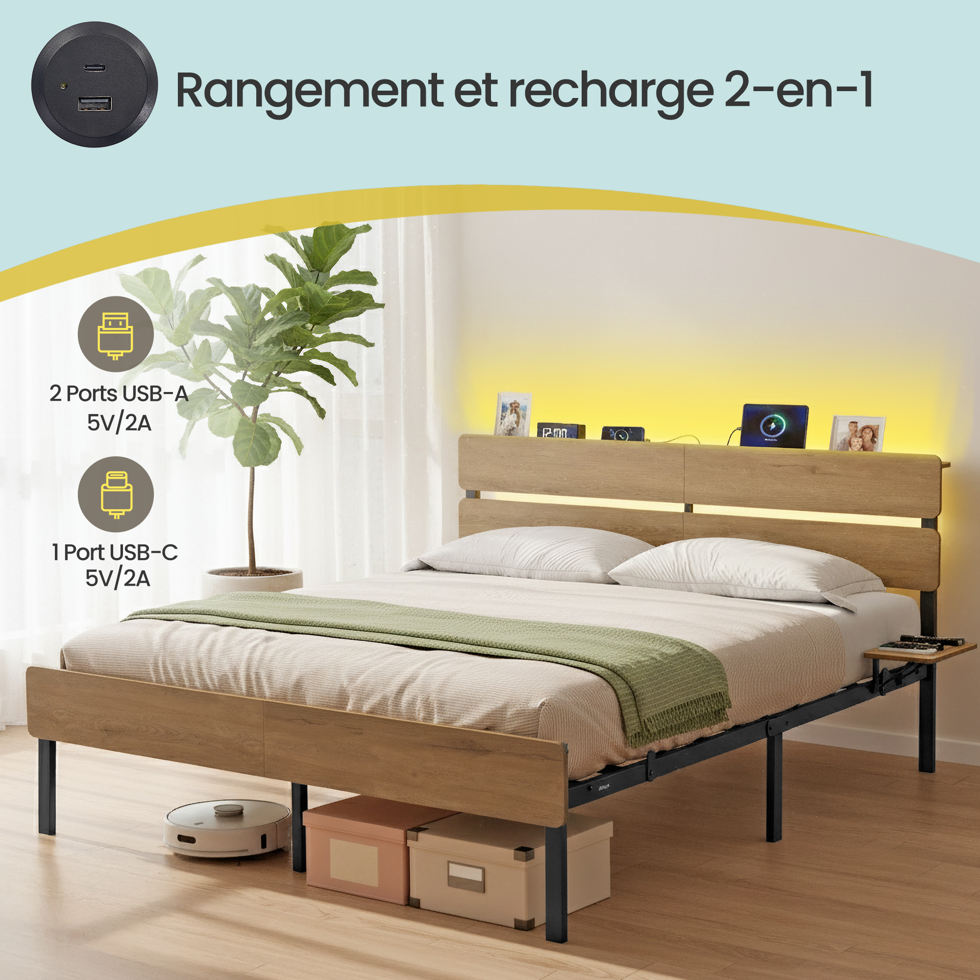 Cadre De Lit Double, 160 X 200 Cm, Cadre En Métal, Éclairage Led, Port Usb Et Type-c, Marron