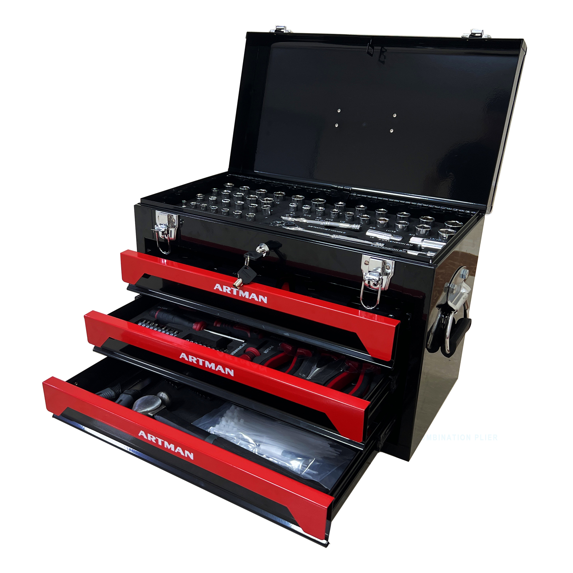 Boîte à outils portable à 3 couches et 4 niveaux, acier, loquet métallique, compartiment supérieur, 50 × 27 × 35 cm